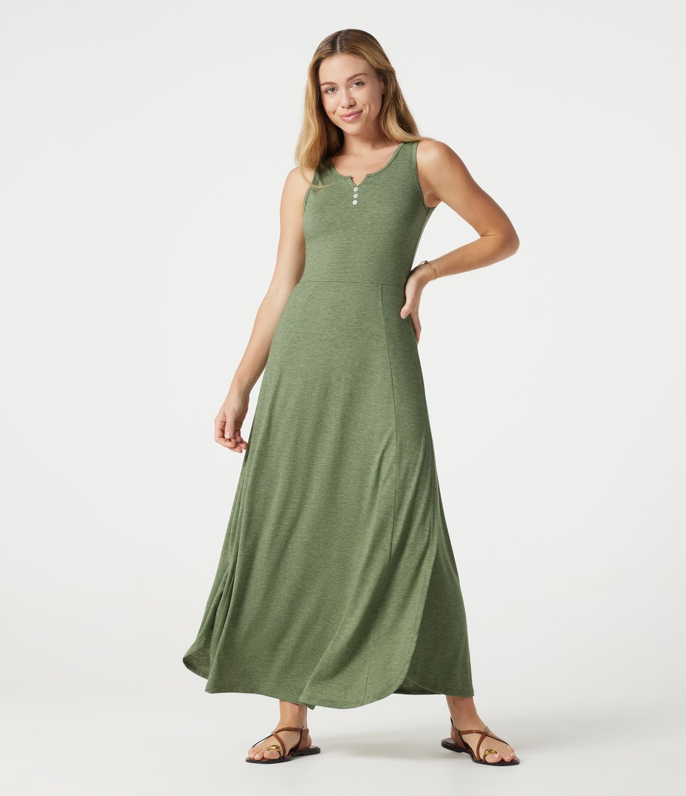 Robe longue fluide décontractée sans manches à col cranté et fente