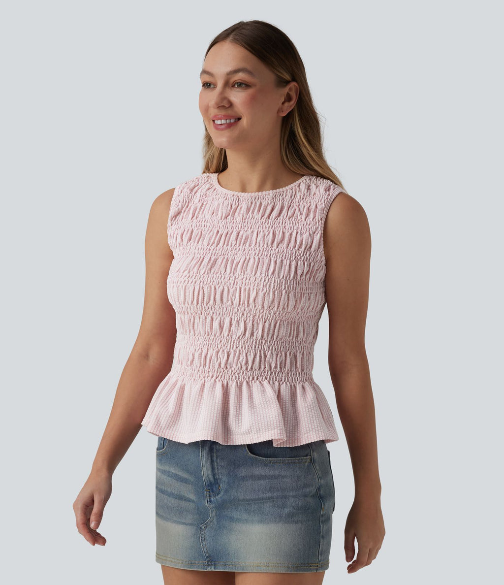 Top casual à rayures col bateau sans manches avec smocks et ourlet à volants