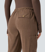 Pantalon jogging cargo velours côtelé coupe droite taille mi-haute avec cordon de serrage et poches