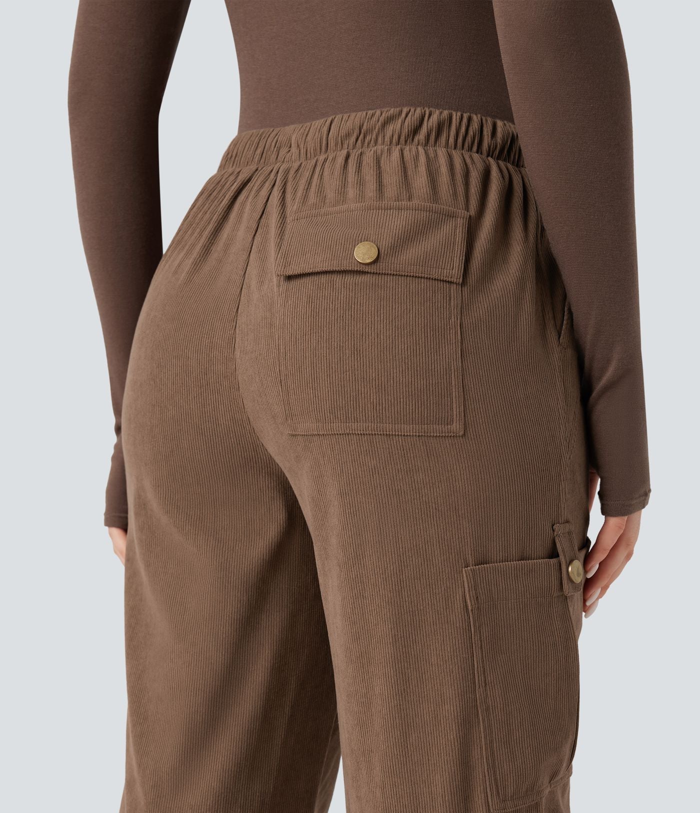 Pantalon jogging cargo velours côtelé coupe droite taille mi-haute avec cordon de serrage et poches