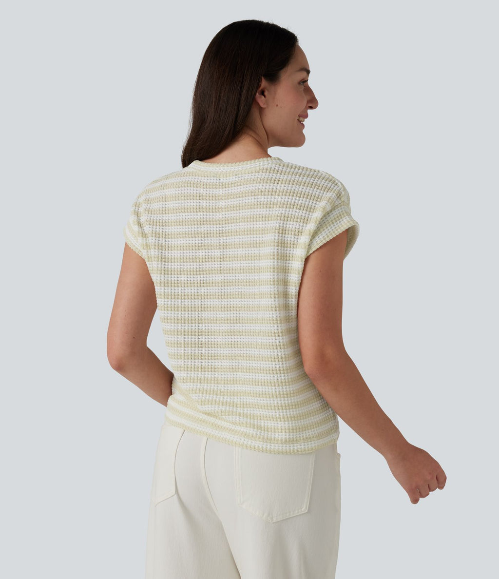 T-shirt casual col rond manches courtes rayé en maille