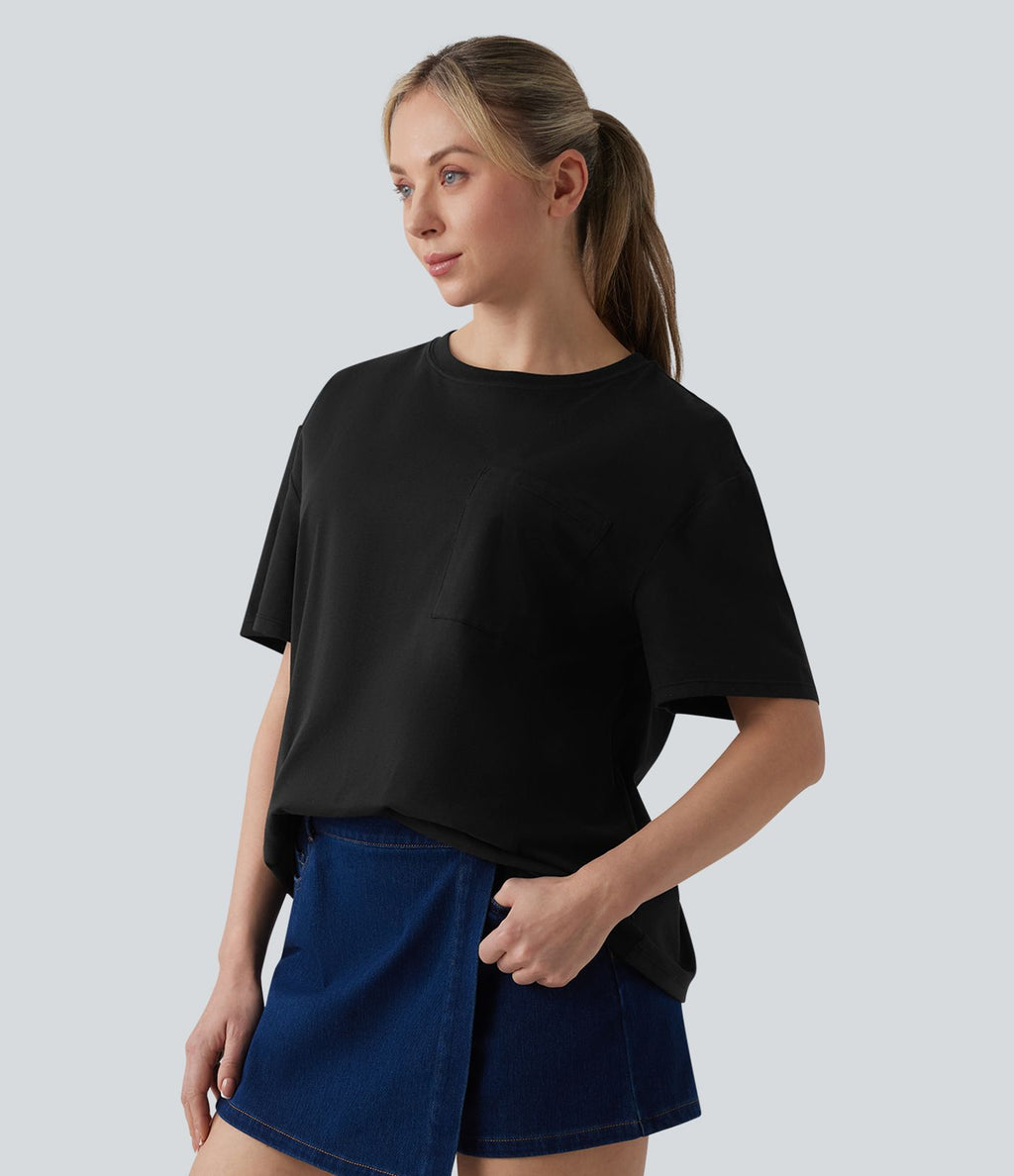 T-shirt casual oversize col rond manches courtes en coton avec poche