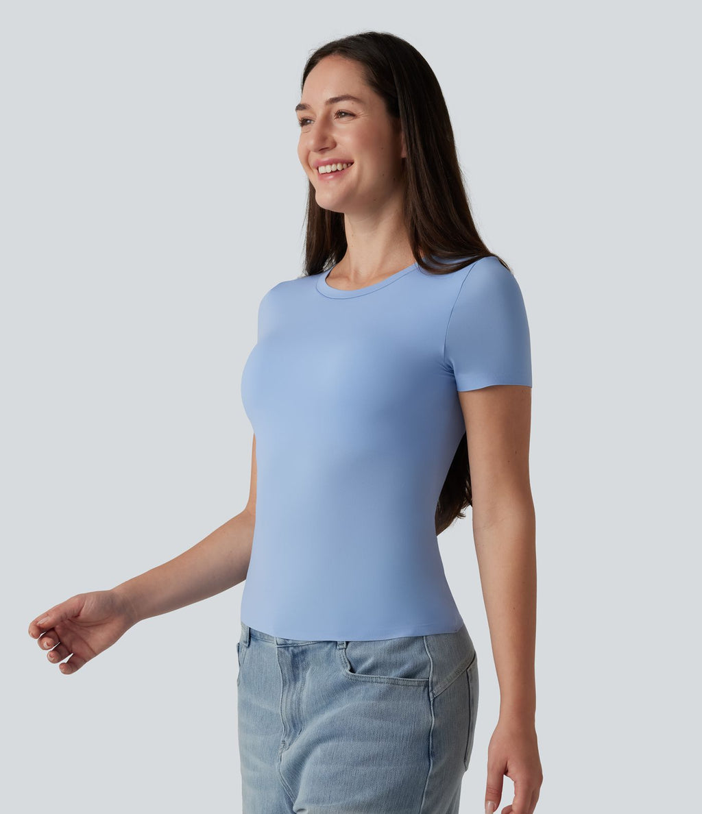T-shirt décontracté col rond échancré à manches courtes avec soutien-gorge intégré bonnets B-DD