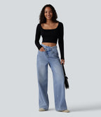 Jean baggy asymétrique Halara Flex™ taille haute effet délavé avec poches