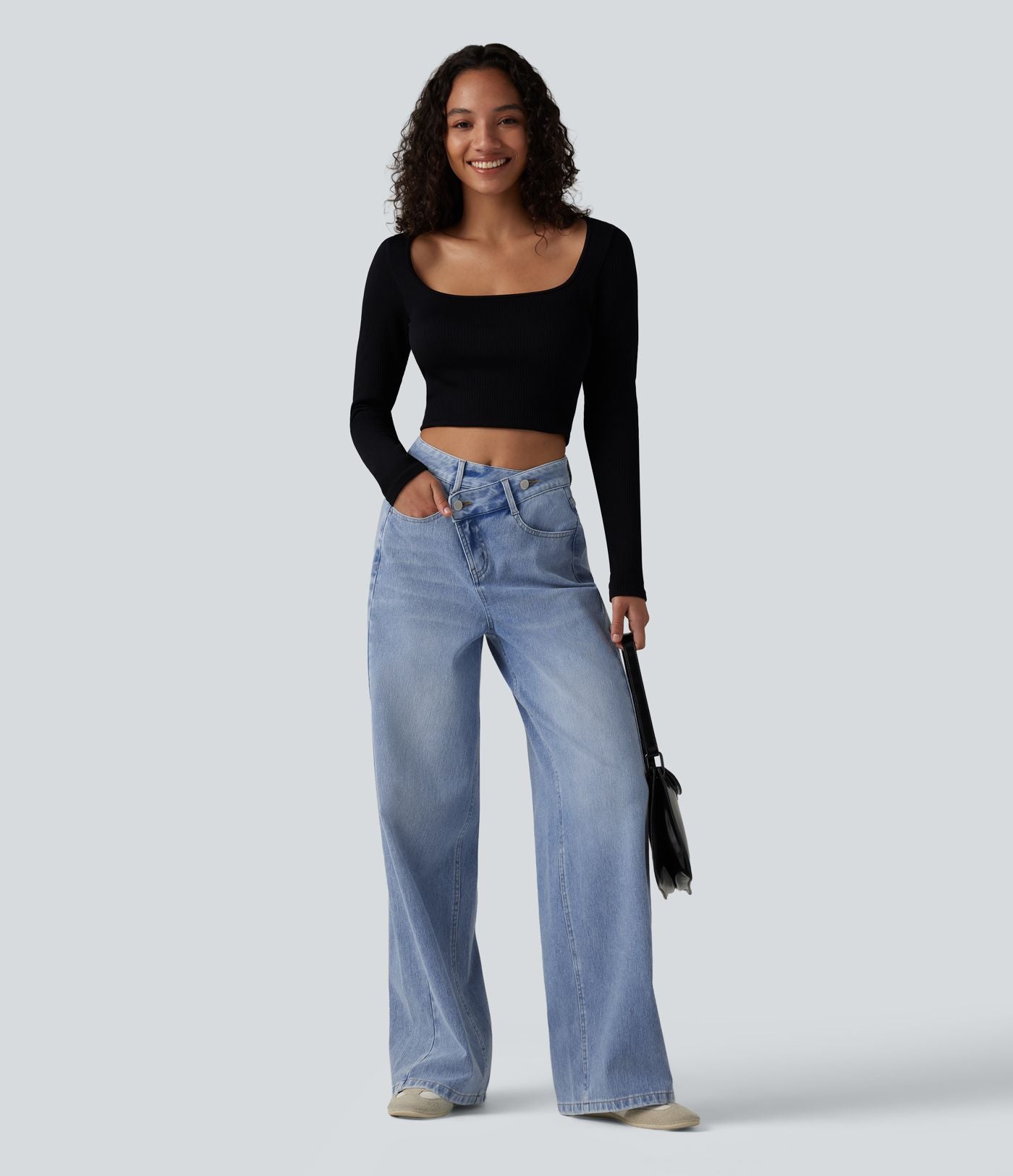 Jean baggy asymétrique Halara Flex™ taille haute effet délavé avec poches