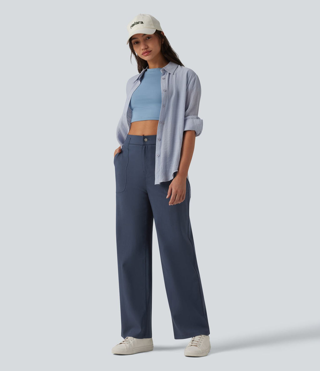 Pantalon casual droit taille haute avec poches