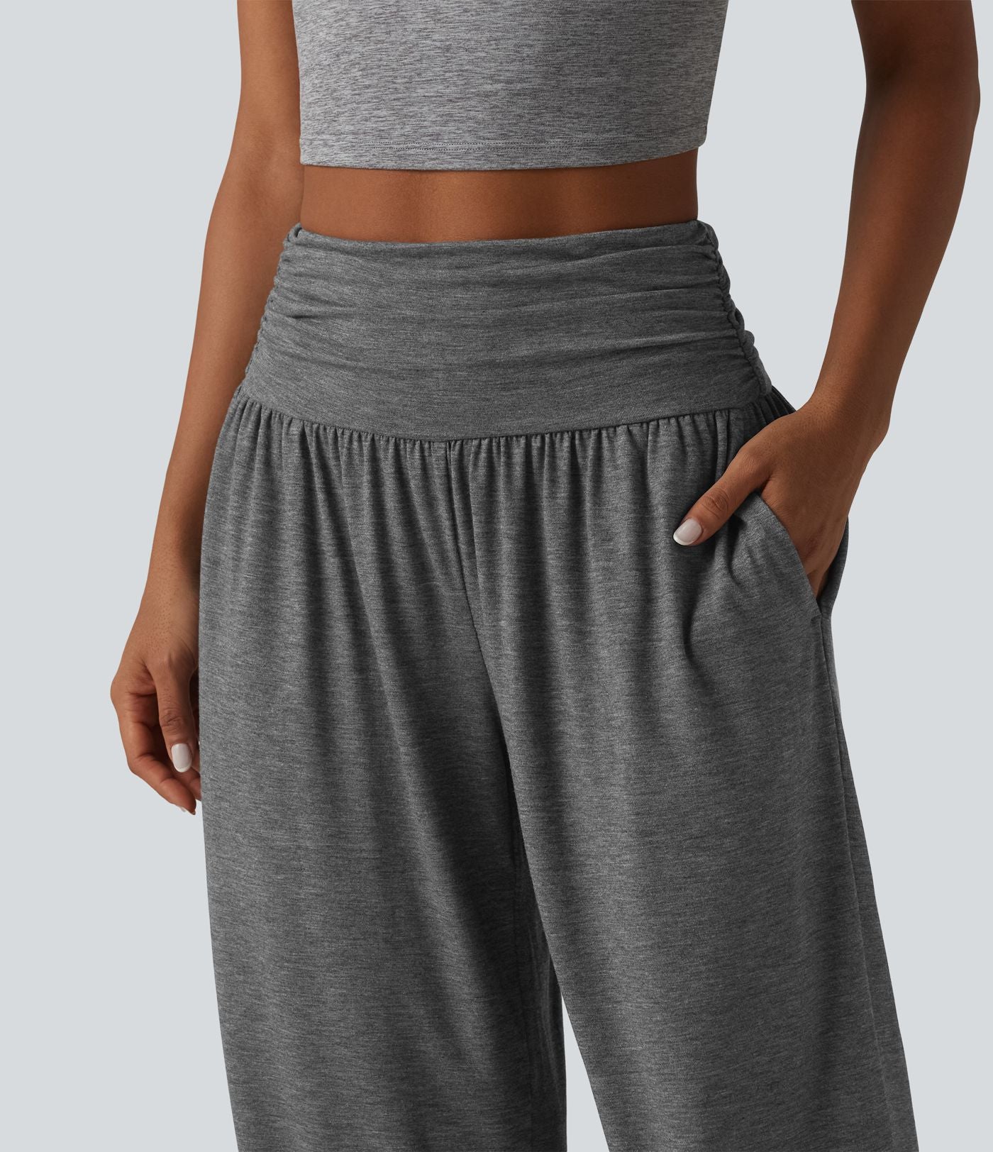Jogging casual taille haute froncé avec poches