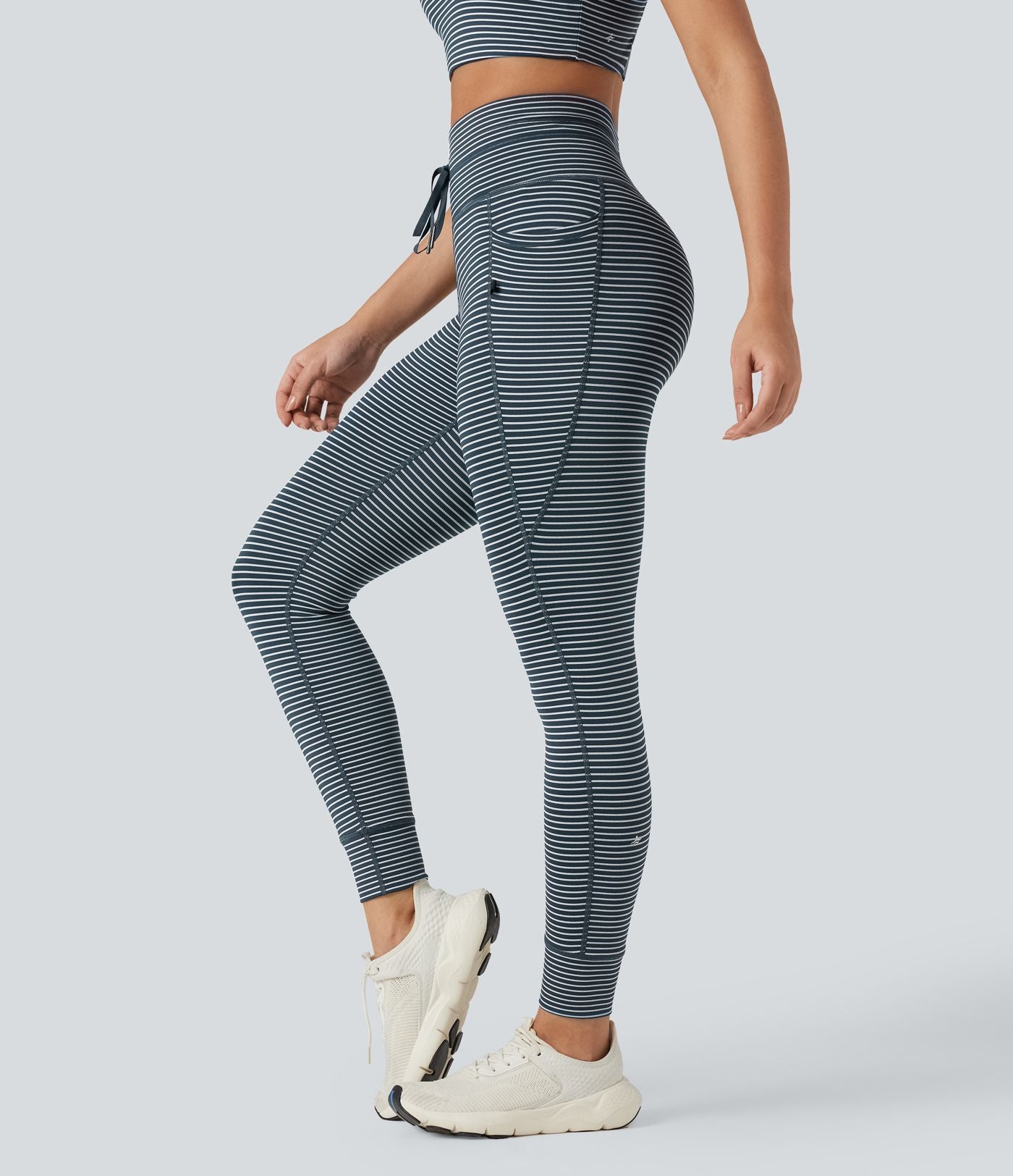 Legging de yoga rayé taille haute avec cordon de serrage et poches