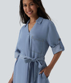 Robe courte casual denim en lyocell col V manches longues avec nœud devant et poches