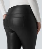 Leggings 7/8 grande taille en simili extensible effet ventre plat, taille haute, intérieur polaire, avec poches