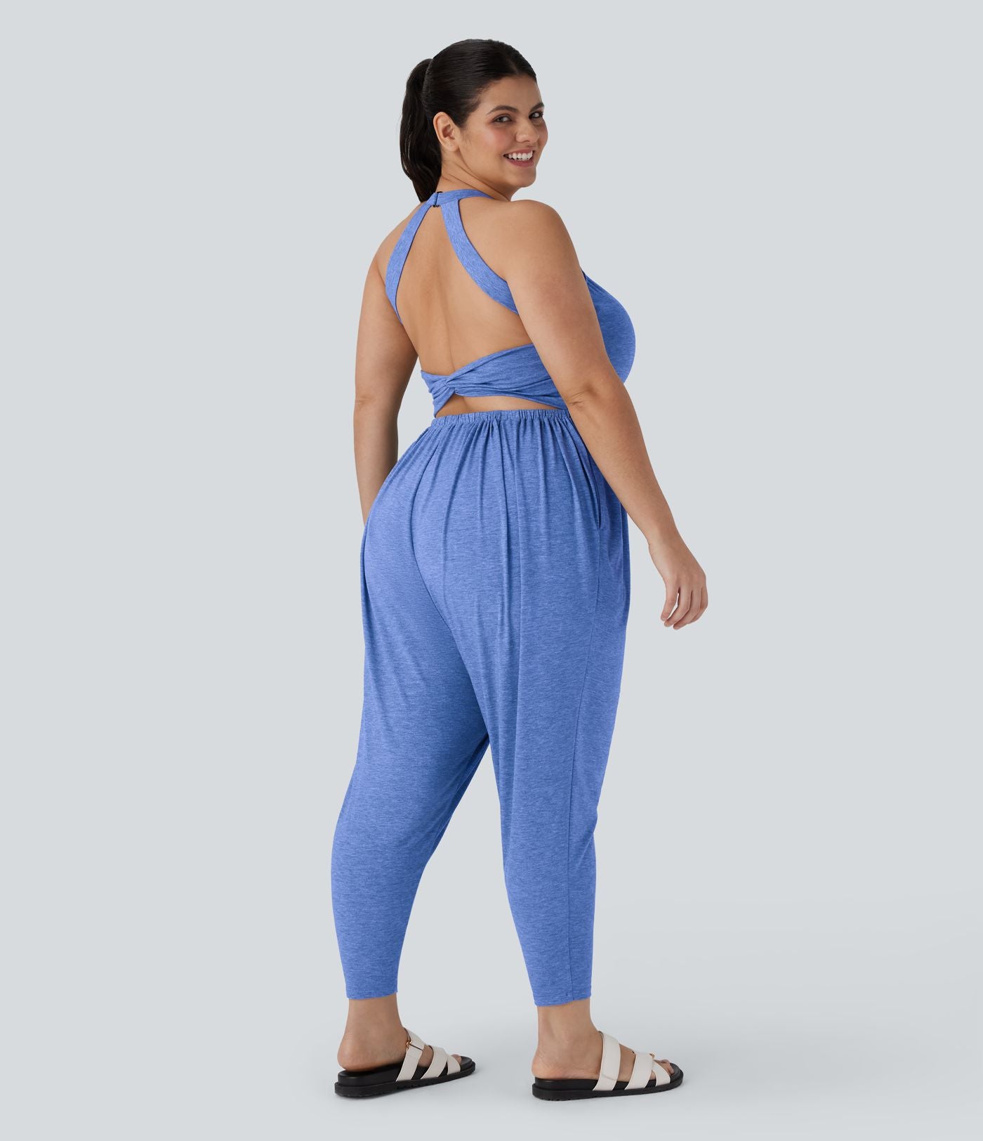 Combinaison sarouel dos nu torsadée grande taille avec poche latérale - Édition facile à enfiler
