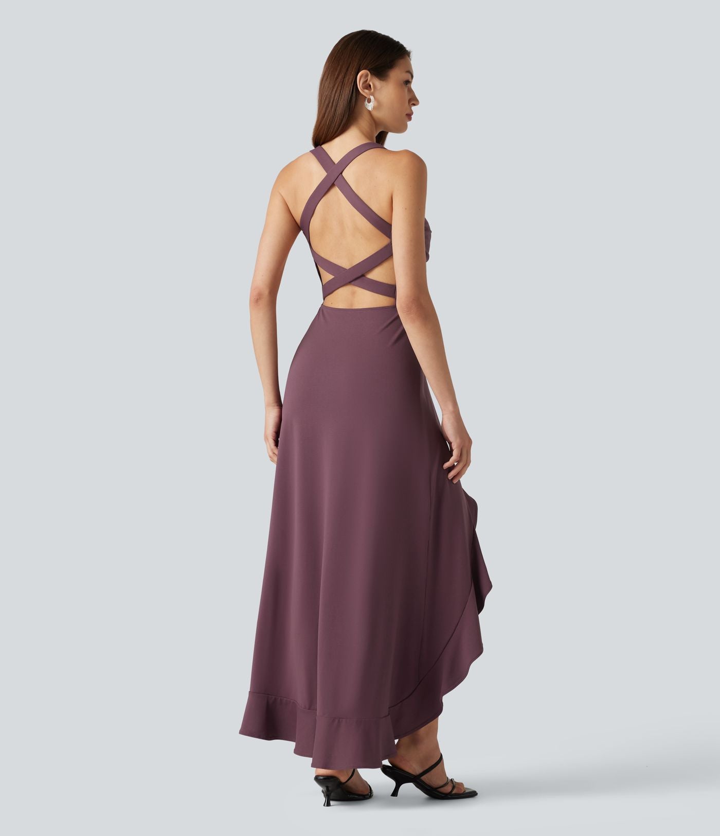Robe mi-longue fluide de soirée dos nu croisé avec fente, ourlet à volants et soutien-gorge intégré