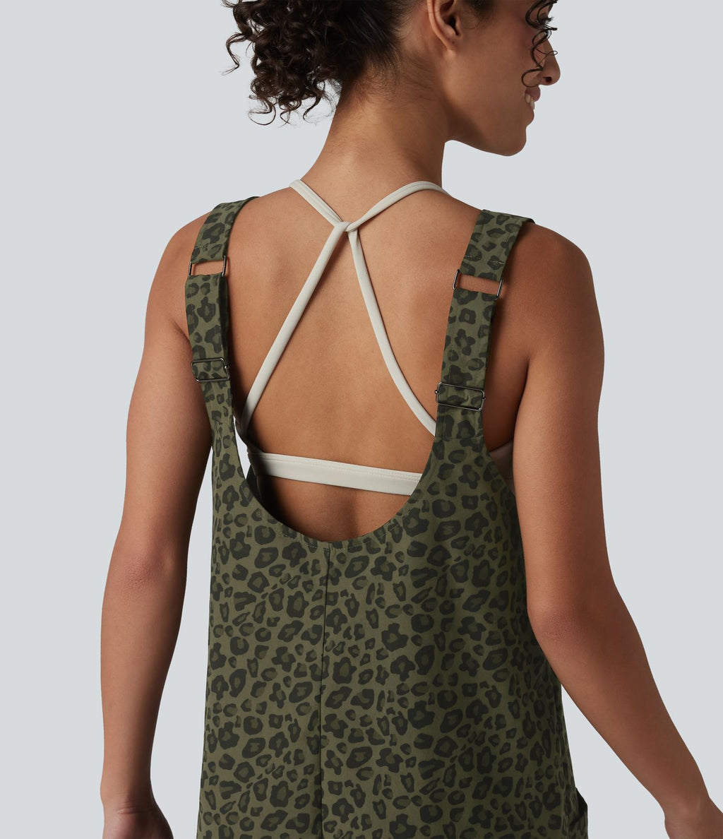 Salopette courte décontractée à imprimé léopard, bretelles réglables, ourlet roulé et poches