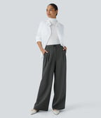 Pantalon Tailleur Large Fluide à Rayures, Taille Haute, Bouton et Fermeture Éclair, Poches Latérales