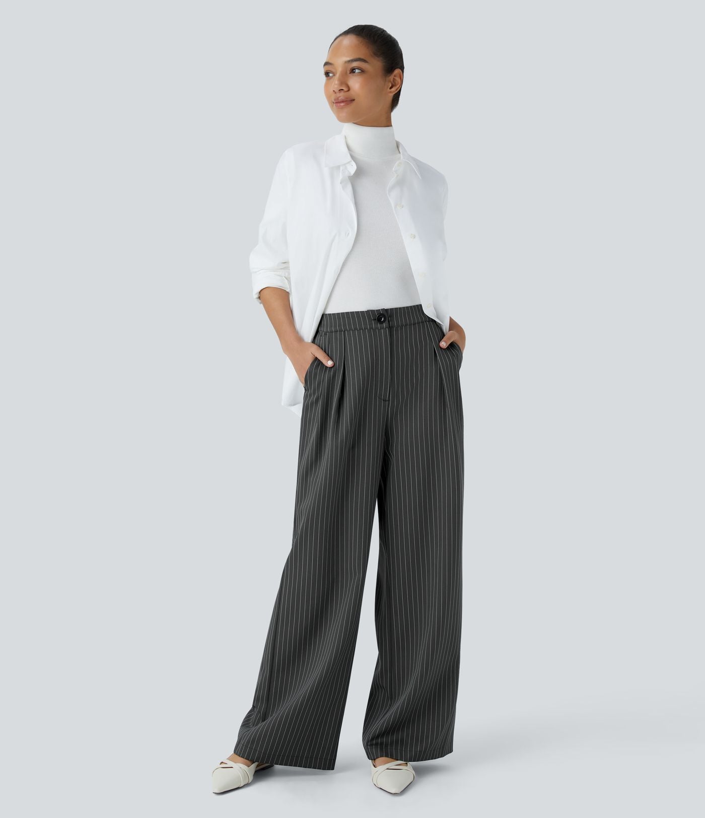 Pantalon Tailleur Large Fluide à Rayures, Taille Haute, Bouton et Fermeture Éclair, Poches Latérales