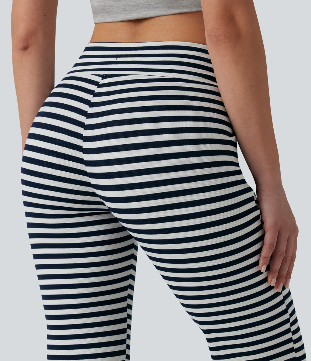 Pantalon évasé décontracté taille haute gainant à rayures en tissu gaufré avec cordon de serrage et poches