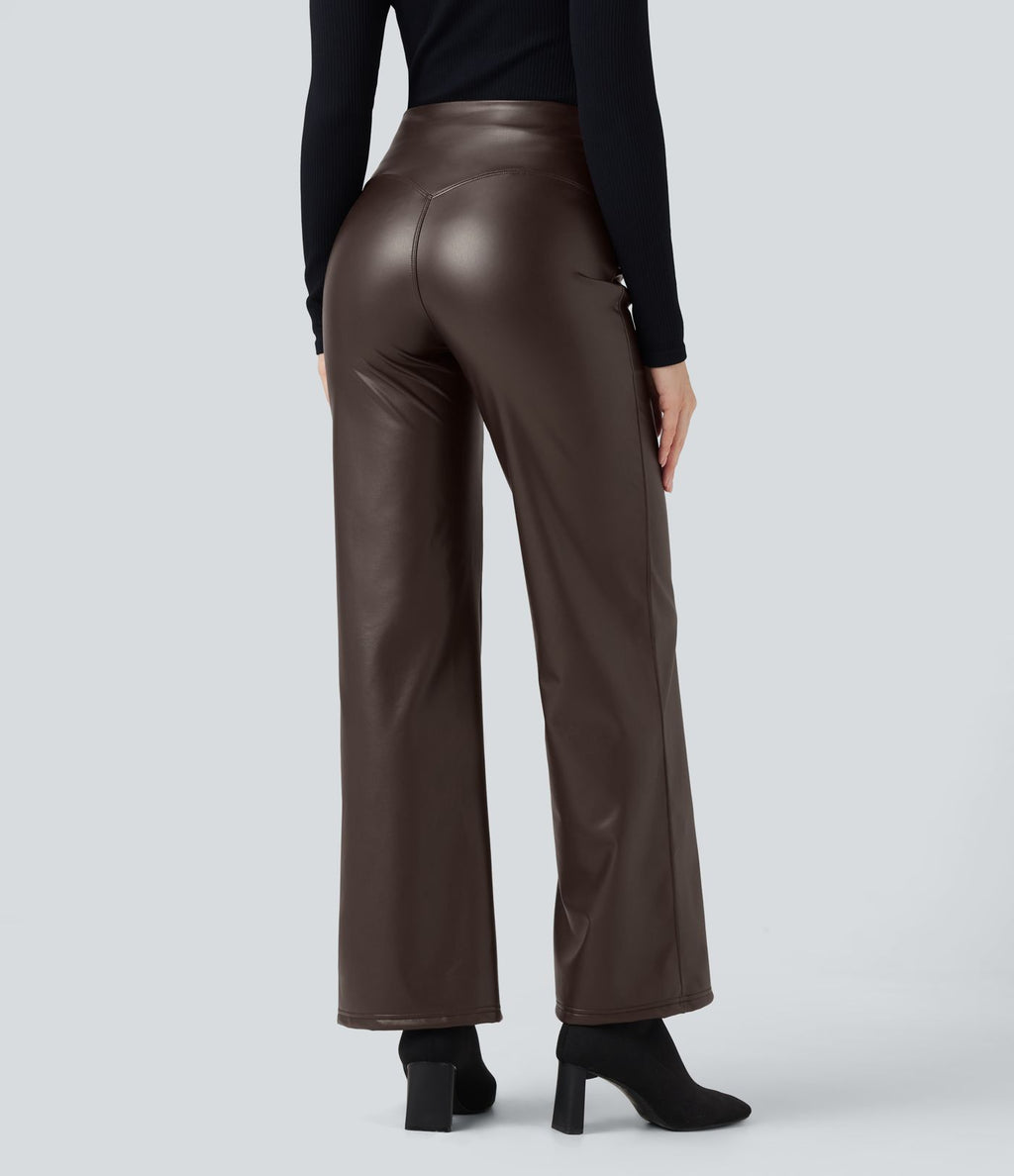 Pantalon similicuir évasé gainant taille haute stretch avec poches