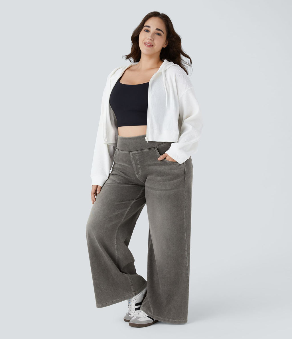 Halara Flex™ Jeans Larges Casual Taille Haute Multiples Poches Lavés Élastiques et Tricotés Grande Taille