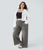 Halara Flex™ Jeans Larges Casual Taille Haute Multiples Poches Lavés Élastiques et Tricotés Grande Taille