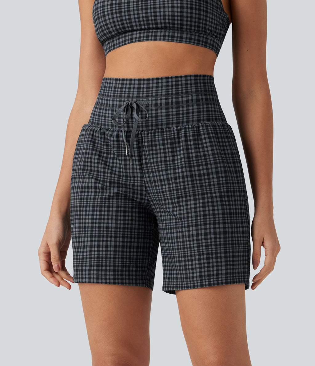 Short de yoga 2-en-1 ultra taille haute UltraSculpt™ à carreaux et cordon de serrage 17,5 cm avec poches
