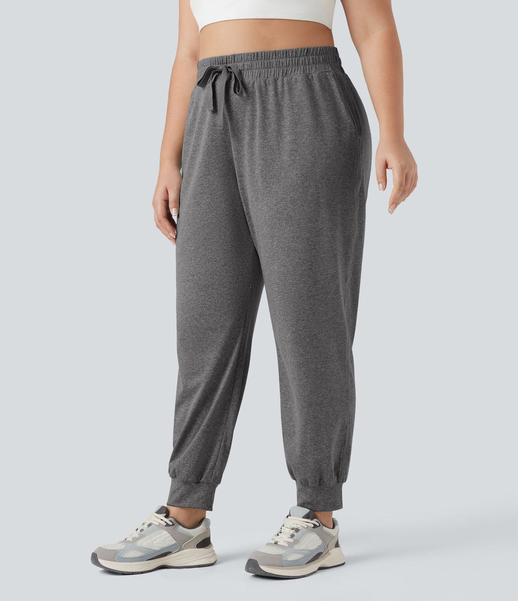 Jogging yoga grande taille froncé taille haute avec cordon de serrage et poches
