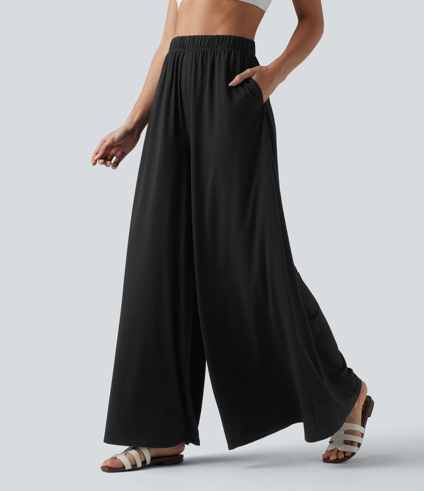 Pantalon large fluide resort taille haute avec poches