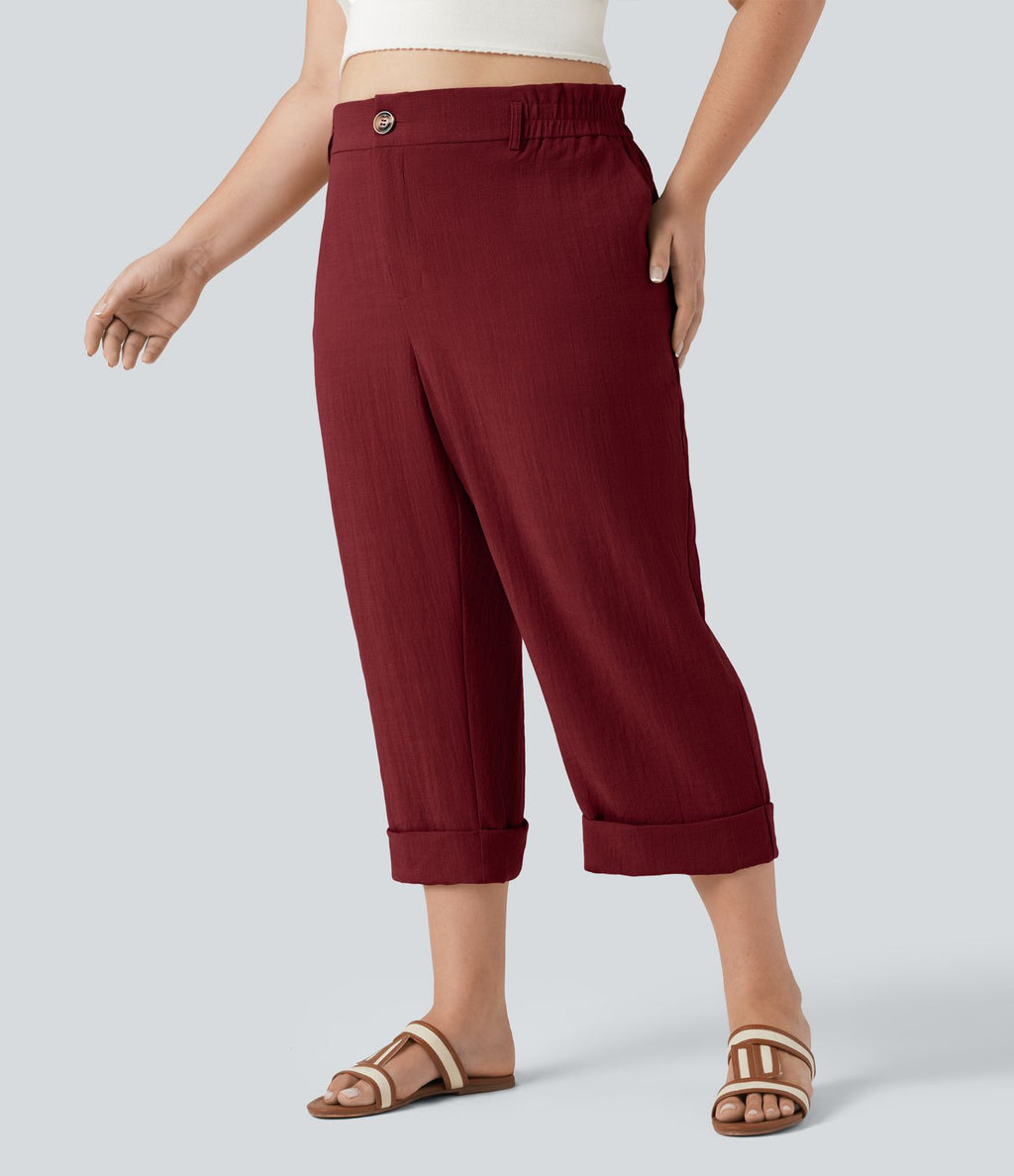 Pantalon de villégiature capri effet lin, grande taille, taille haute, avec poches