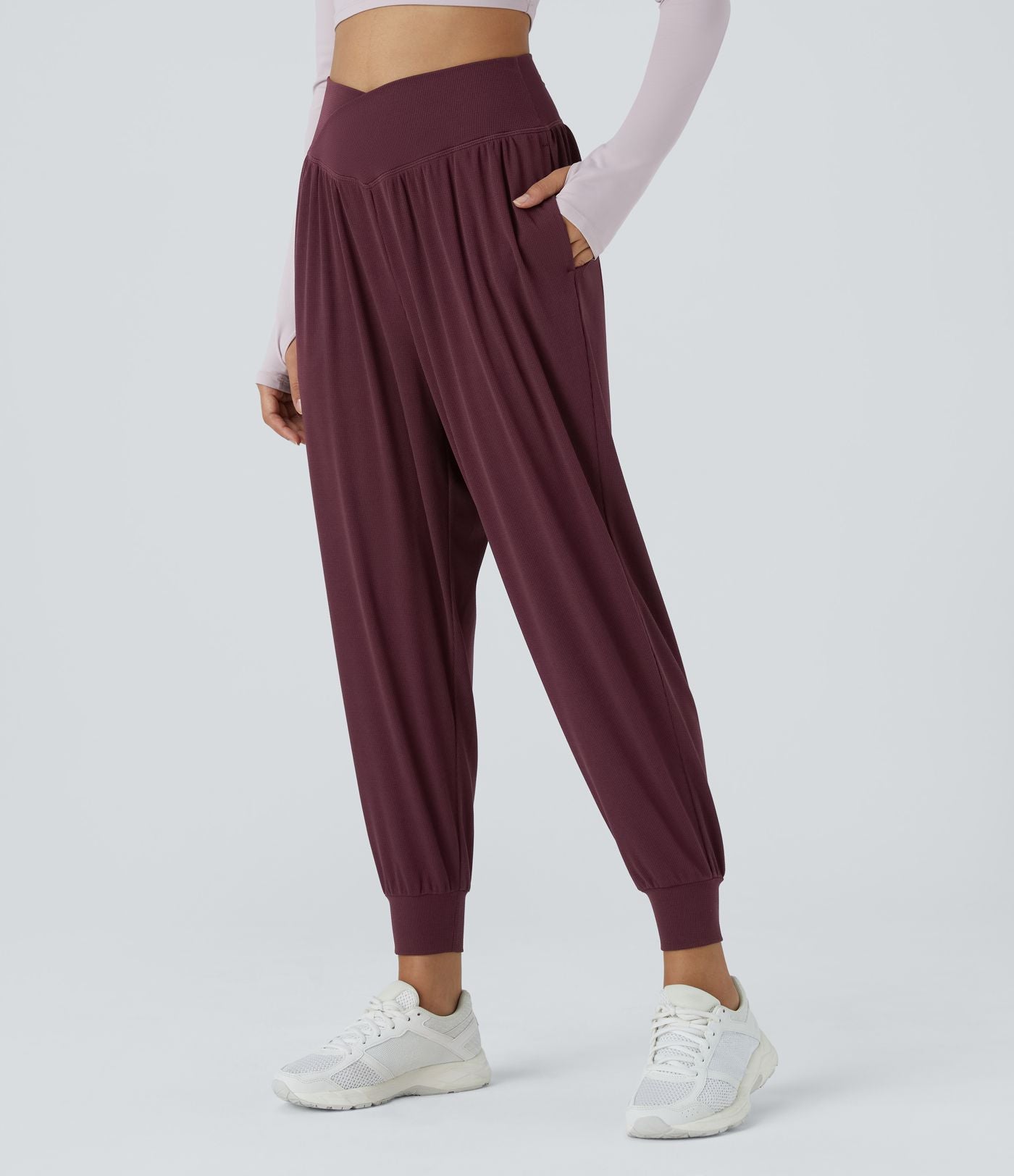 Jogging de Yoga à Taille Haute, Croisé Devant, Plis, Poches Latérales, en Tissu Gaufré