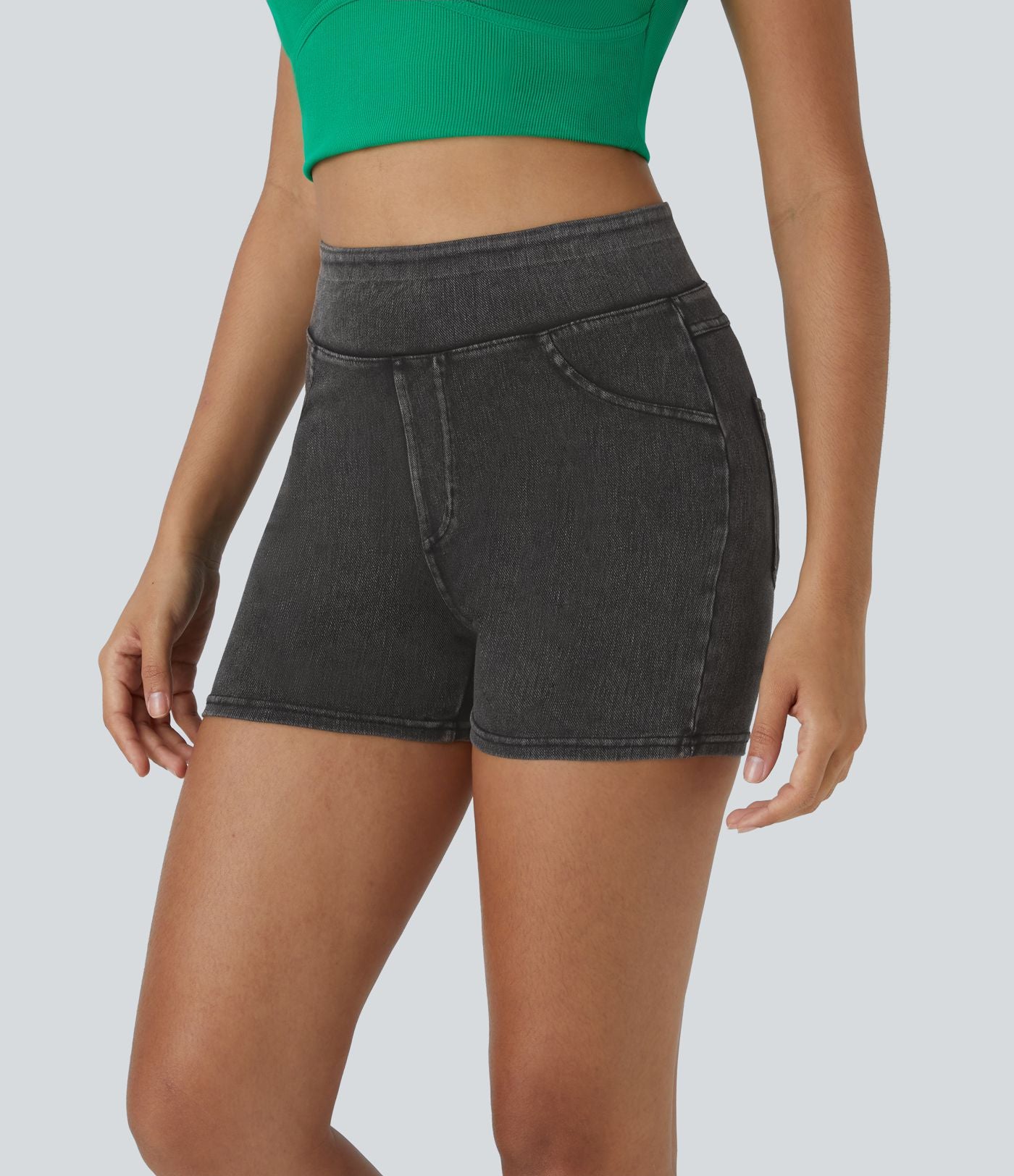 Halara Flex™ Shorts 7,5cm Casual en Denim Tricot Extensible Taille Haute Avec Poches Latérales Arrière