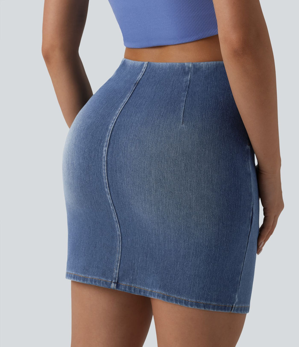 Jupe mini moulante décontractée Halara Flex™ en denim taille haute froncée ourlet croisé