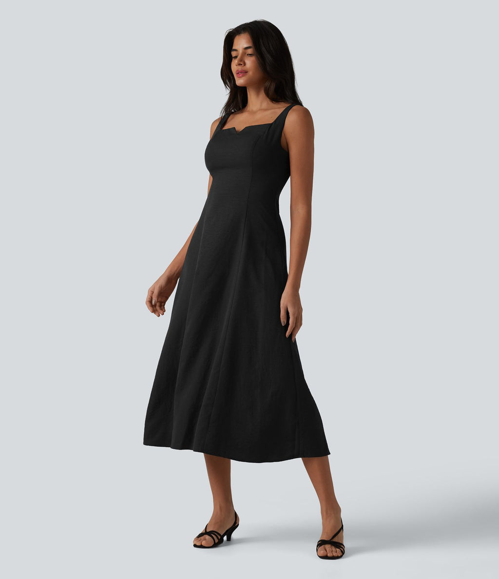 Robe mi-longue fluide froncée à col carré et encolure échancrée pour demoiselle d'honneur et invitée de mariage