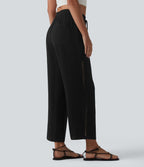 Pantalon droit taille mi-haute aspect lin avec cordon de serrage et poches