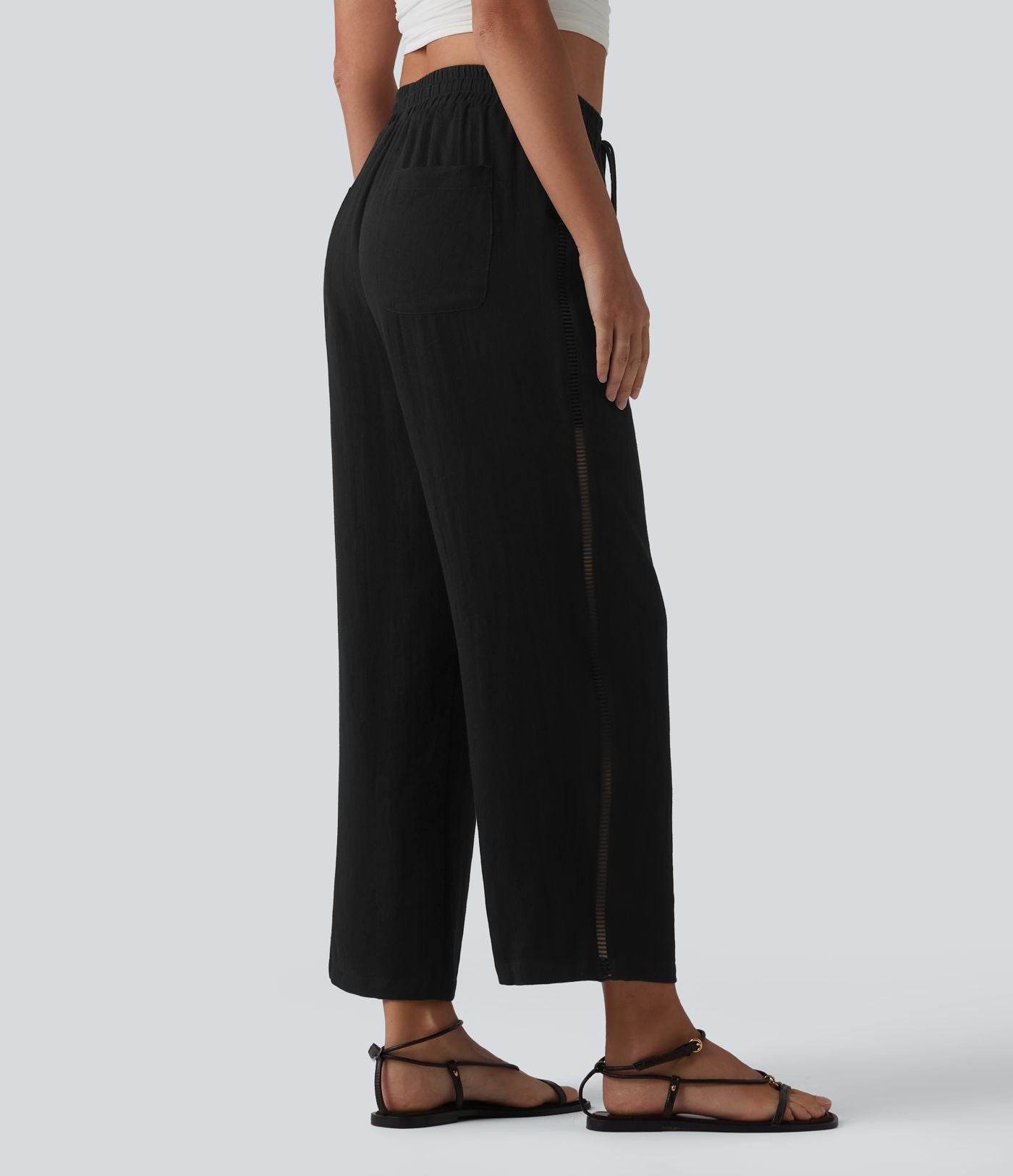 Pantalon droit taille mi-haute aspect lin avec cordon de serrage et poches