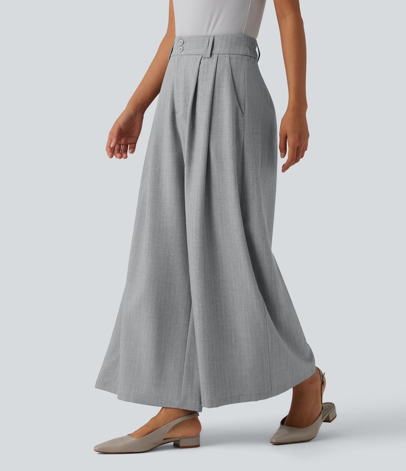 Pantalon tailleur 7/8 large plissé taille haute aspect lin avec poches