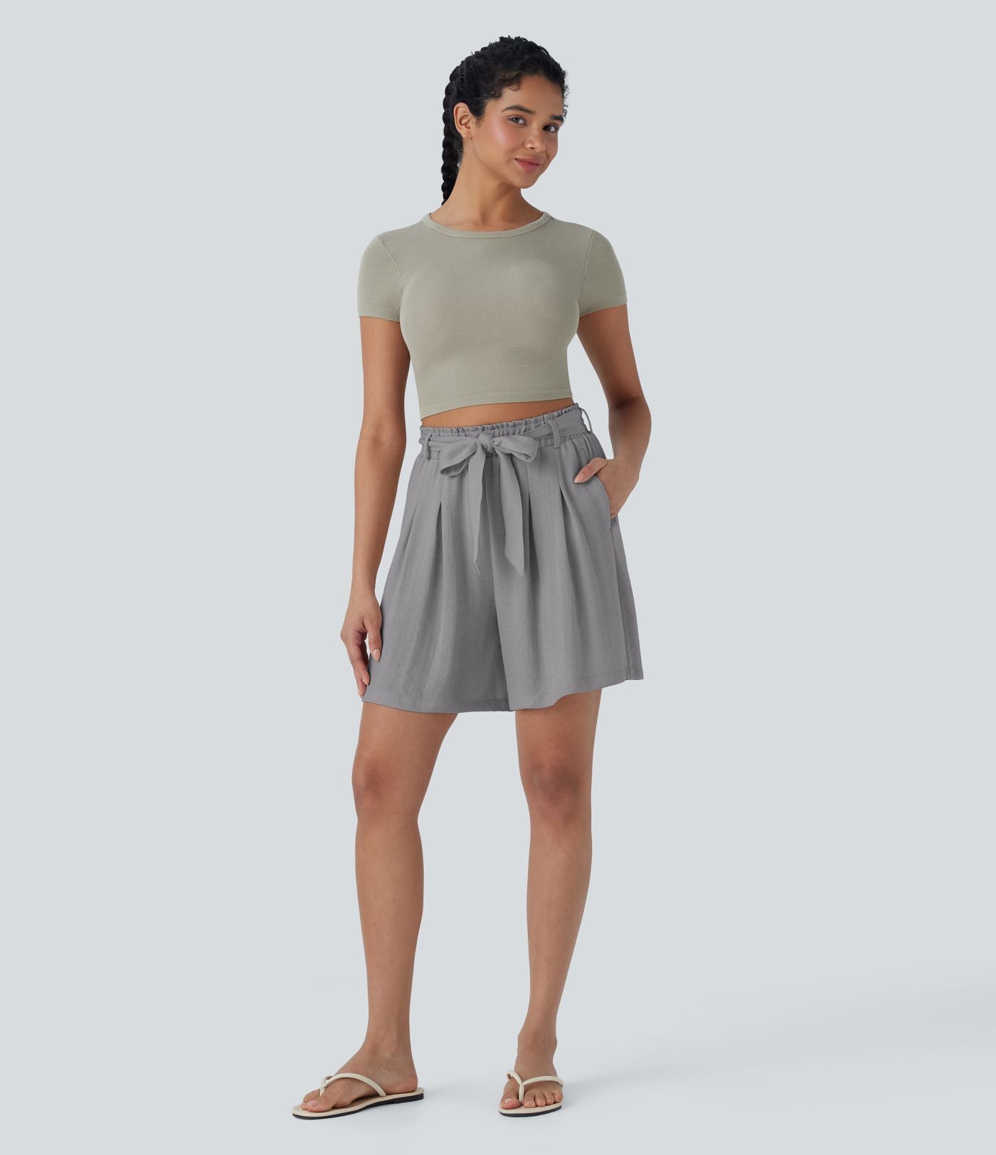 Bermuda décontracté taille haute effet lin avec ceinture et poches latérales