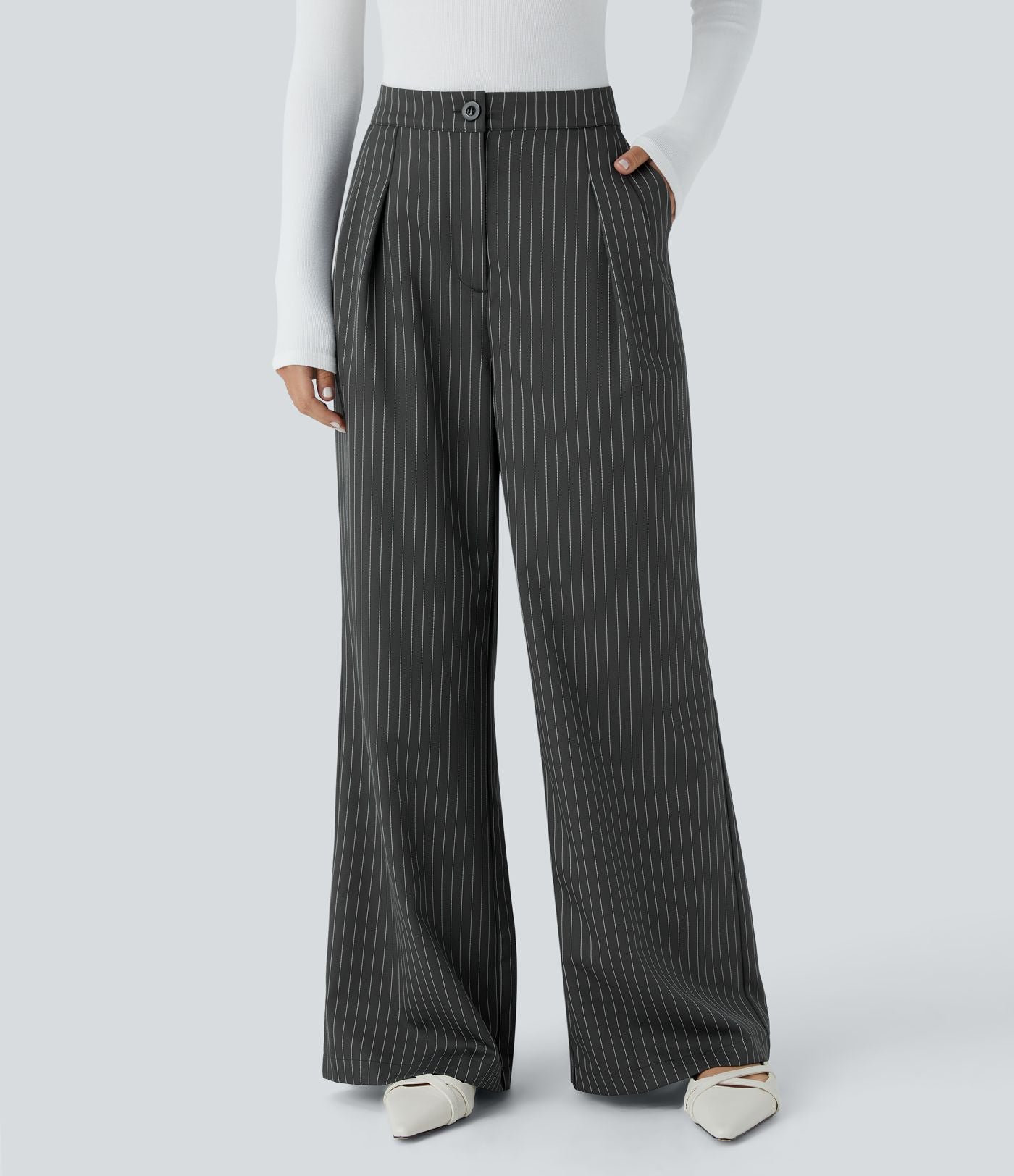 Pantalon Tailleur Large Fluide à Rayures, Taille Haute, Bouton et Fermeture Éclair, Poches Latérales