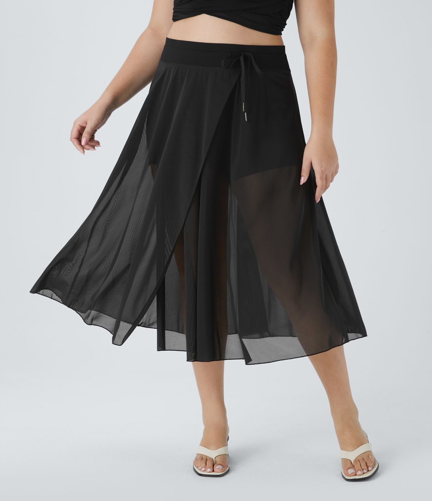 Jupe Taille Haute 2 En 1 En Maille Contrastée Avec Cordon De Serrage Et Poche Latérale Fluide Evasée Casual Grande Taille