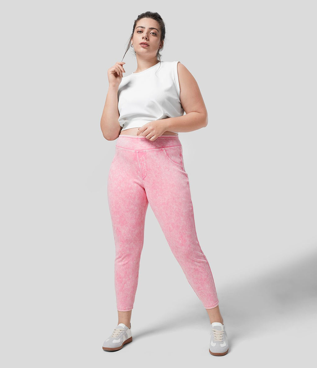 Halara Flex™ Legging Casual 7/8 Grande Taille en Denim Tricot Extensible Coloré à Taille Haute avec Poches Latérales Arrière