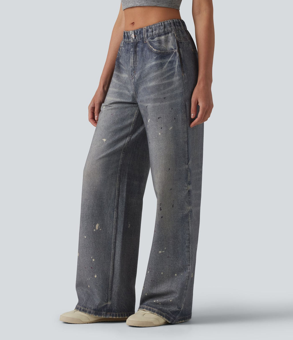 Jogging jean décontracté en molleton French Terry imprimé denim taille mi-haute avec poches