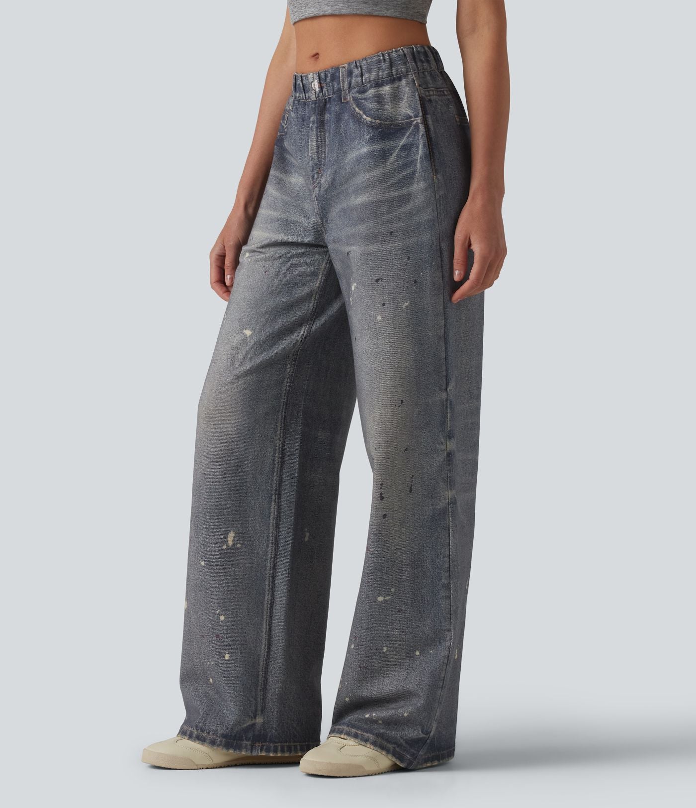 Jogging jean décontracté en molleton French Terry imprimé denim taille mi-haute avec poches