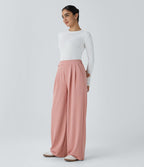 Pantalon taille haute décontracté large en maille gaufrée, avec poches