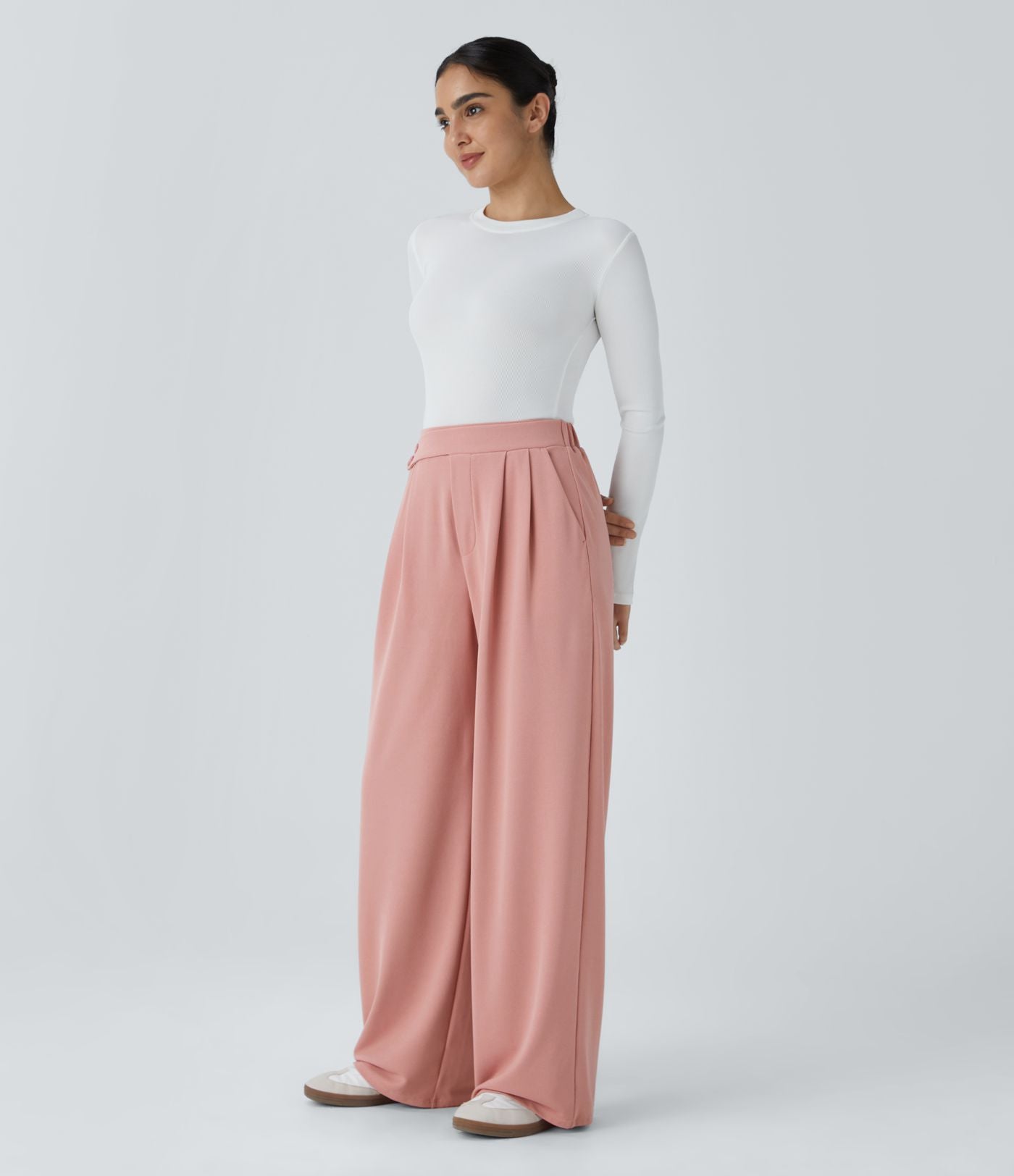 Pantalon taille haute décontracté large en maille gaufrée, avec poches