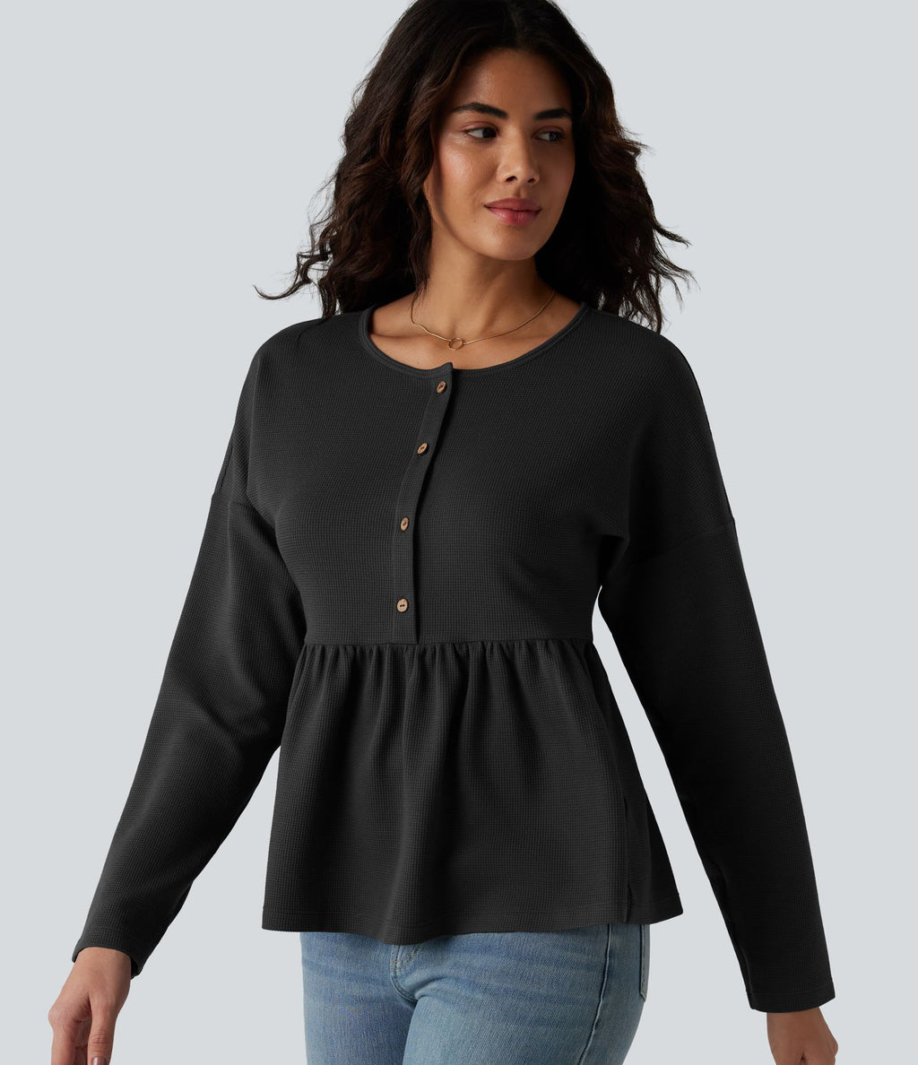 Haut casual babydoll Henley manches longues en tissu gaufré
