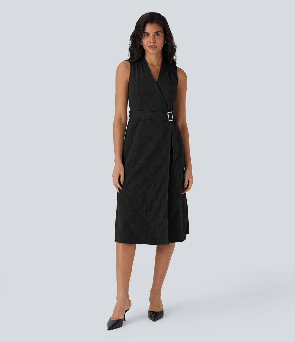 Robe de voyage mi-longue à col V, sans manches, portefeuille, ceinture et poches latérales