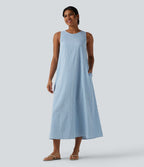 Robe débardeur midi décontractée col rond sans manches en vichy froissé avec poches