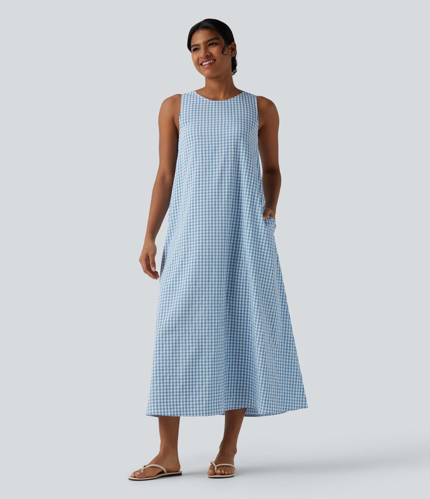 Robe débardeur midi décontractée col rond sans manches en vichy froissé avec poches