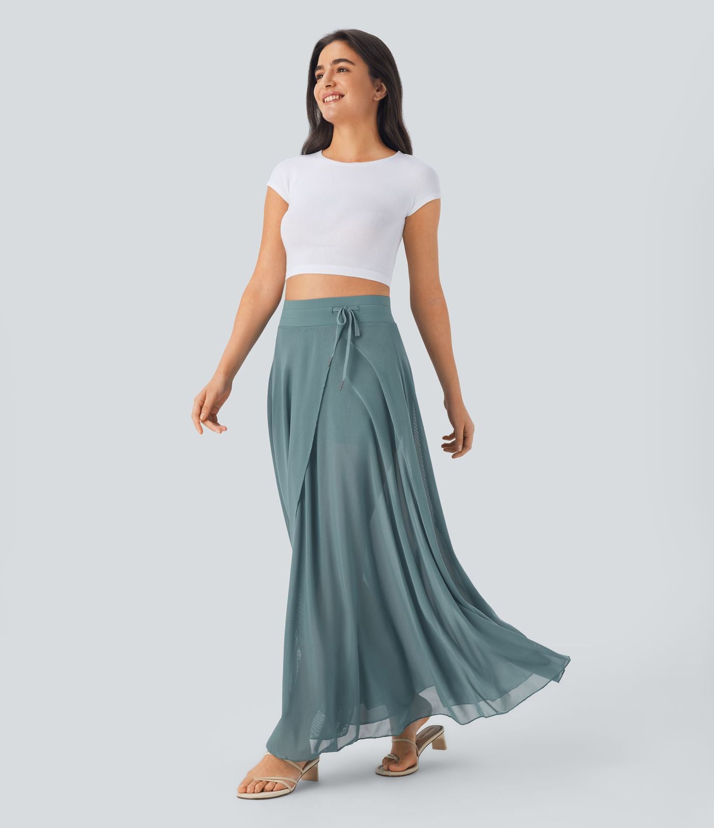 Jupe longue fluide 2-en-1 taille haute avec empiècements en résille