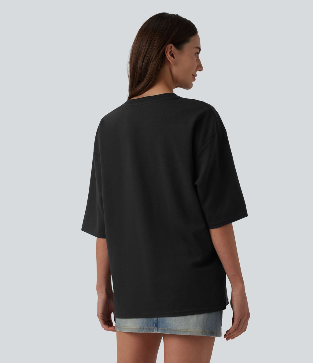 T-shirt casual oversize col rond manches trois-quarts
