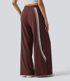 Pantalon large décontracté color block taille haute avec cordon de serrage et poches