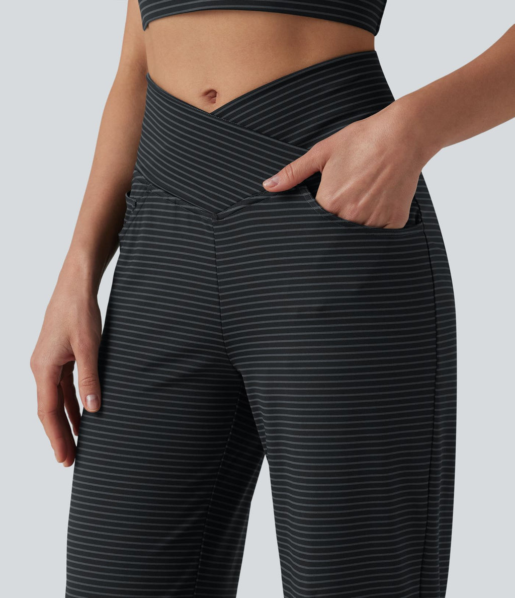 Pantalon de yoga droit taille haute croisée ventre plat à rayures avec poches